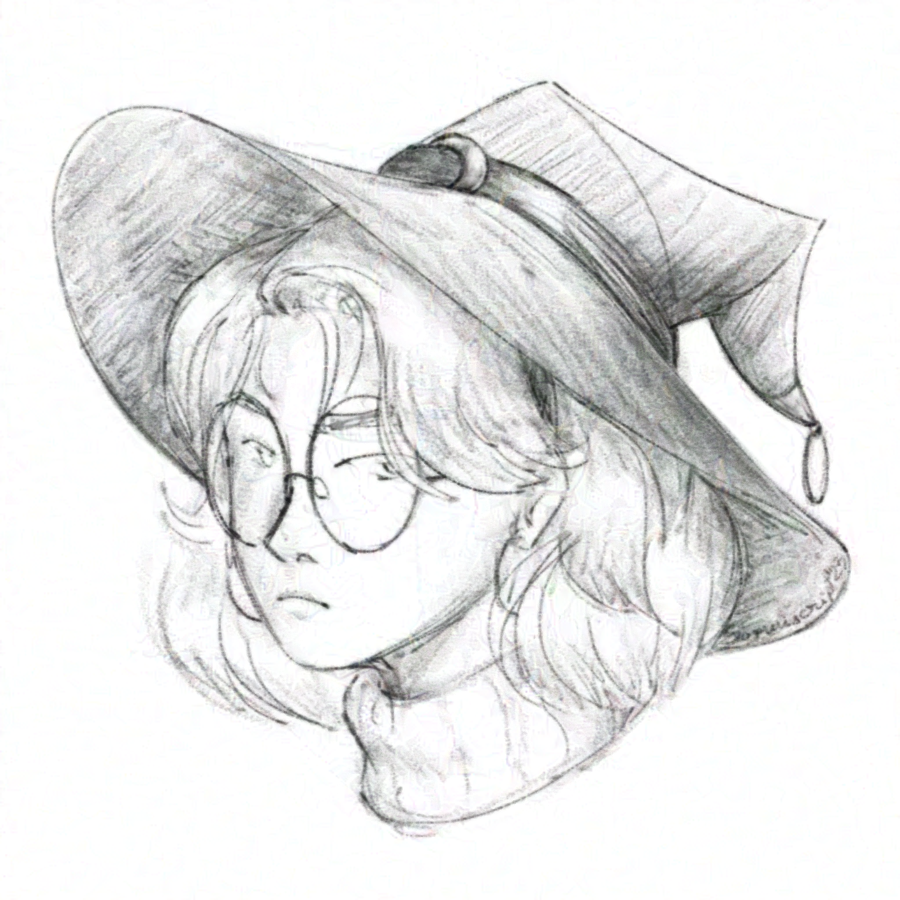 People not using text readers ignore! A cat using the toilet and eating cheeseburgers. For people using text readers: A headshot sketch of Cindy, 3/4, with a neutral expression, wearing a witch hat.